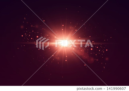 Bright red light effect creating a starburst with glowing particles and optical lens flare Bright red light effect creating a starburst with glowing particles and optical lens flare 141990607
