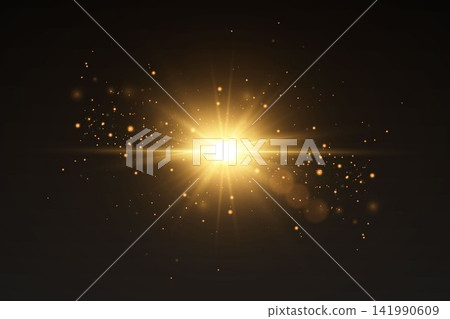 Abstract golden light effect illuminating a dark background with scattered glitter 141990609