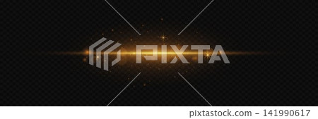 Golden glowing light line with shimmering dust and optical flares on a dark background 141990617