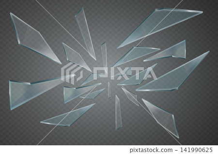 Broken glass shards flying outwards creating a realistic explosion effect 141990625