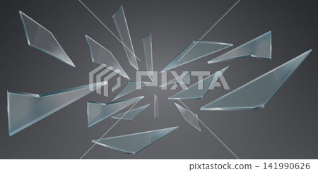 Broken glass pieces scattering on a grey background, illustrating fragility and damage Broken glass pieces scattering on a grey background, illustrating fragility and damage 141990626
