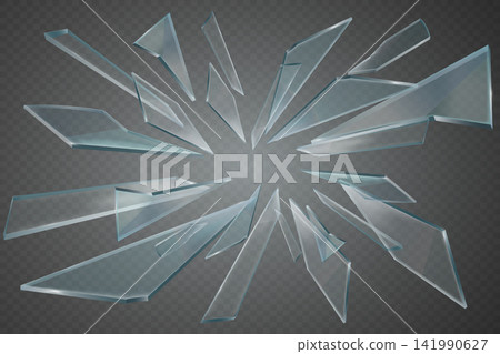 Shattered glass pieces creating an explosion on a transparent background Shattered glass pieces creating an explosion on a transparent background 141990627