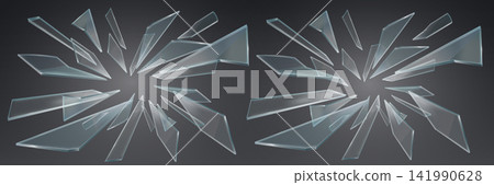 Broken glass pieces scattering, symbolizing destruction and impact Broken glass pieces scattering, symbolizing destruction and impact 141990628