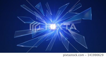 Glass fragments exploding outwards from a bright central light source against a blue background Glass fragments exploding outwards from a bright central light source against a blue background 141990629