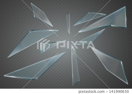 Broken glass shards flying and representing impact, accident, and danger Broken glass shards flying and representing impact, accident, and danger 141990630