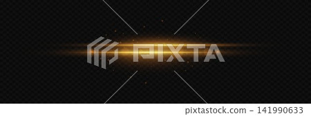 Golden light streak creating a horizontal flare with scattered glowing particles on a dark background 141990633