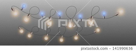 Light bulb strings illuminating a transparent background, perfect for festive overlay designs 141990636