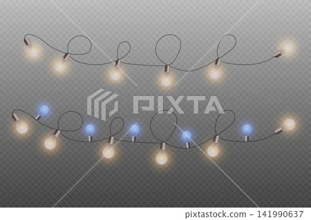 Illuminating festive light bulbs creating a decorative string for celebration Illuminating festive light bulbs creating a decorative string for celebration 141990637