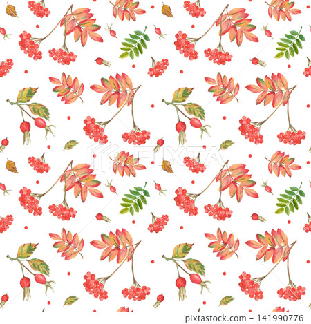 Watercolor autumn seamless pattern with rowan berries and rose hips Watercolor autumn seamless pattern with rowan berries and rose hips 141990776