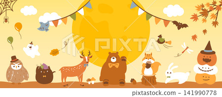 Cute horizontal background frame featuring autumn animals and Halloween characters - perfect for children's autumn festival event banners, etc. Cute horizontal background frame featuring autumn animals and Halloween characters - perfect for children's autumn festival event banners, etc. 141990778