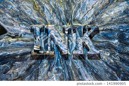 Metallic letters NIK melting into swirling blue silver marbled surface with dramatic radial flow Metallic letters NIK melting into swirling blue silver marbled surface with dramatic radial flow 141990905