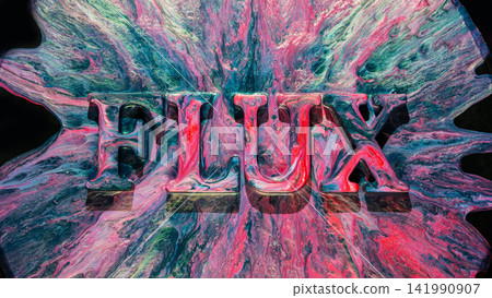 Fluid paint letters sinking into colorful marbled surface with radiant splash and glossy texture 141990907