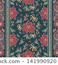 Vintage Poinsettia Christmas Seamless Pattern Ribbon Stripe Crimson and Gold Bows Winter Floral Botanical Carpet Wallpaper with Holiday Border Festive Background Design 141990920