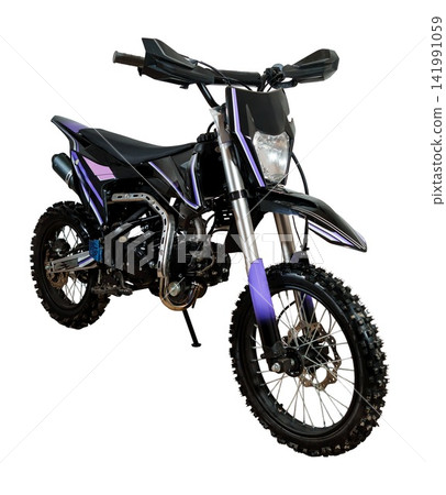 Small black and purple dirt bike for kids isolated on white background with knobby tires and off road style. Small black and purple dirt bike for kids isolated on white background with knobby tires and off road style. 141991059