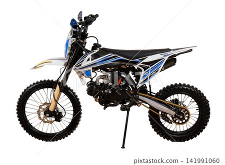 Blue and White Dirt Bike Motorcycle Standing on White Background with Knobby Tires and Gold Chain. Blue and White Dirt Bike Motorcycle Standing on White Background with Knobby Tires and Gold Chain. 141991060