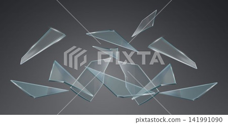 Broken glass fragments scattering with sharp edges and transparent reflections against a dark background Broken glass fragments scattering with sharp edges and transparent reflections against a dark background 141991090