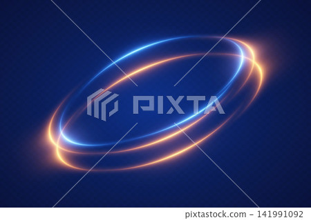 Energetic blue and orange light ellipses orbiting, showing dynamic motion and data flow Energetic blue and orange light ellipses orbiting, showing dynamic motion and data flow 141991092