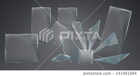Shattered glass pieces and blank plexiglass frames reflecting light on a dark background 141991094