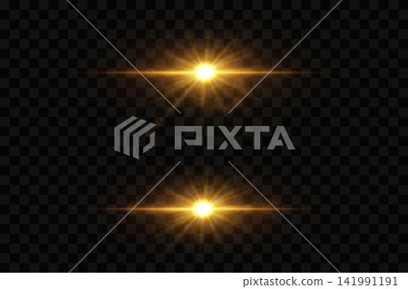 Golden light flares radiating bright starburst effect, with horizontal lens effects on transparent background Golden light flares radiating bright starburst effect, with horizontal lens effects on transparent background 141991191