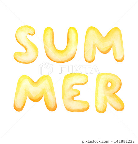 Watercolor large yellow letters. The word summer is handwritten. Text for design and printing. Isolated inflated children letters. Part of the English alphabet. Watercolor cartoon gradient. Watercolor large yellow letters. The word summer is handwritten. Text for design and printing. Isolated inflated children letters. Part of the English alphabet. Watercolor cartoon gradient. 141991222