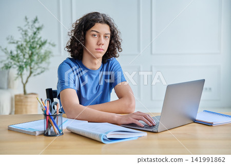 Portrait of serious teenage boy studying on laptop Portrait of serious teenage boy studying on laptop 141991862