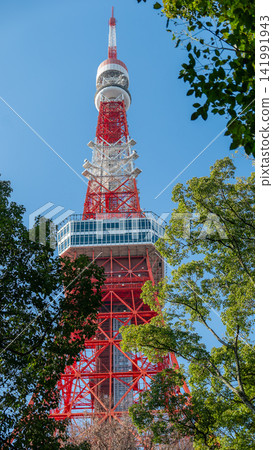 Tokyo Tower framed by green trees under a clear blue sky in Japan Tokyo Tower framed by green trees under a clear blue sky in Japan 141991943