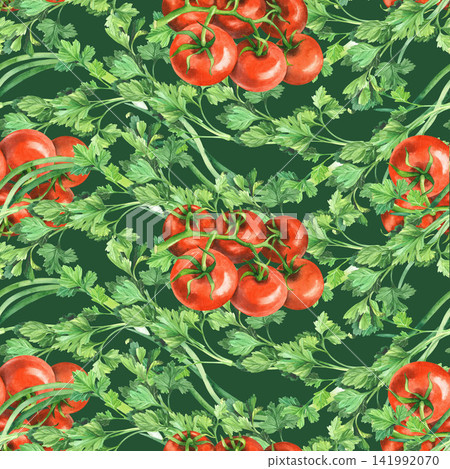 Seamless pattern of the green onion, tomatoes cherry and parsley on a green backgrou. Watercolor illustration. Handmade art work. For packaging design, cards, cover, prints, product labels and fabric. Seamless pattern of the green onion, tomatoes cherry and parsley on a green backgrou. Watercolor illustration. Handmade art work. For packaging design, cards, cover, prints, product labels and fabric. 141992070
