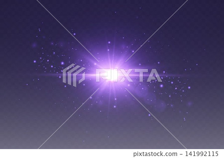 Bright light rays and sparkling particles creating a dynamic purple lens flare effect Bright light rays and sparkling particles creating a dynamic purple lens flare effect 141992115