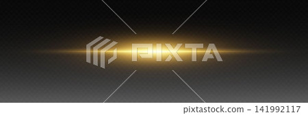 Golden glowing light effect creating horizontal lens flare on dark transparent background 141992117