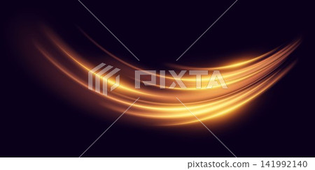 Golden glowing light trails curving across a dark background, representing speed and motion 141992140
