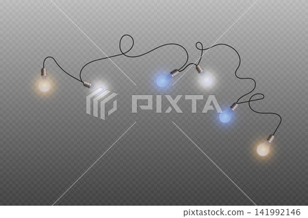 String lights creating a festive border with glowing blue and yellow bulbs String lights creating a festive border with glowing blue and yellow bulbs 141992146