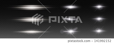 Collection of bright white light effects creating glowing flares, lines, and starbursts on transparent background Collection of bright white light effects creating glowing flares, lines, and starbursts on transparent background 141992152