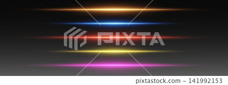 Multiple horizontal colored light lines generating glowing effects on a transparent background Multiple horizontal colored light lines generating glowing effects on a transparent background 141992153