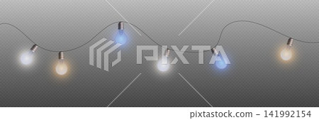 String of glowing light bulbs with warm, cool white, and blue colors on transparent background String of glowing light bulbs with warm, cool white, and blue colors on transparent background 141992154