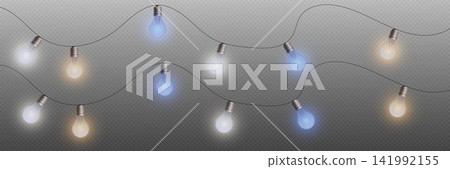 Illuminated light bulbs strung on a wire creating a decorative garland with glow effect Illuminated light bulbs strung on a wire creating a decorative garland with glow effect 141992155