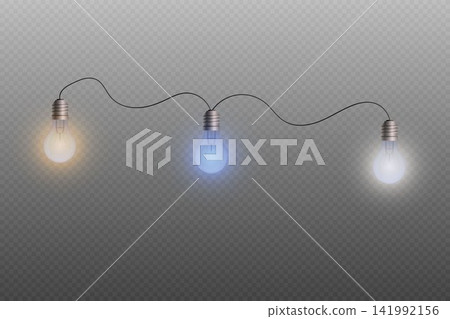String of light bulbs glowing with warm, cool, and blue light on transparent background String of light bulbs glowing with warm, cool, and blue light on transparent background 141992156
