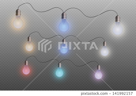 String lights displaying multiple vibrant colors on a transparent background for various uses String lights displaying multiple vibrant colors on a transparent background for various uses 141992157