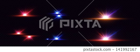 Collection of colorful lens flare light effects creating bright starbursts and horizontal lines Collection of colorful lens flare light effects creating bright starbursts and horizontal lines 141992167