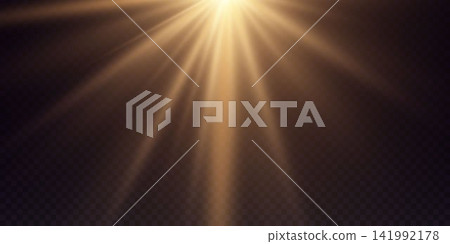 Golden light rays creating a bright lens flare effect from above Golden light rays creating a bright lens flare effect from above 141992178