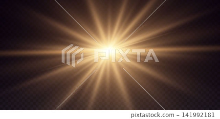 Golden glowing light source emitting radial rays and horizontal beams Golden glowing light source emitting radial rays and horizontal beams 141992181