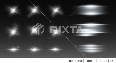 Set of white light effects, including bright lens flares and horizontal glow streaks 141992196