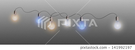 String of bright light bulbs illuminating with different warm and cool colors 141992197