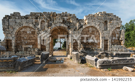 Ancient ruins of the Late Roman Gate in the historic city of Perge, Antalya, Turkey Ancient ruins of the Late Roman Gate in the historic city of Perge, Antalya, Turkey 141992255