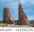 The ancient Hellenistic gate towers at the archaeological site of Perge, Antalya, Turkey 141992256