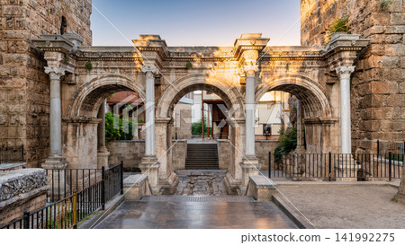Hadrian's Gate ancient Roman triumphal arch in the historic old town of Antalya Turkey Hadrian's Gate ancient Roman triumphal arch in the historic old town of Antalya Turkey 141992275