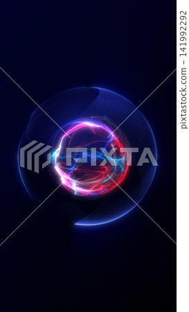 Red and blue energy core inside glass orb, futuristic abstract visual with neon plasma and digital depth. Red and blue energy core inside glass orb, futuristic abstract visual with neon plasma and digital depth. 141992292