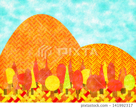 Japanese style pattern of autumn leaves on a mountain background Japanese style pattern of autumn leaves on a mountain background 141992317