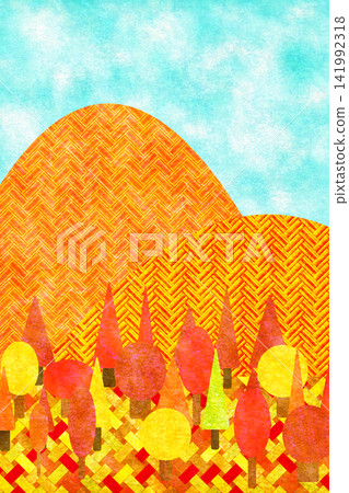 A vertical background featuring a mountain with autumn leaves in a traditional Japanese pattern. A vertical background featuring a mountain with autumn leaves in a traditional Japanese pattern. 141992318