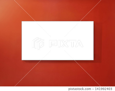 A rendering of an empty white advertising sign frame with an orange background. A rendering of an empty white advertising sign frame with an orange background. 141992403
