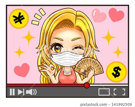 5 幅透過視訊直播賺錢的女性Q版人物插畫。 141992509